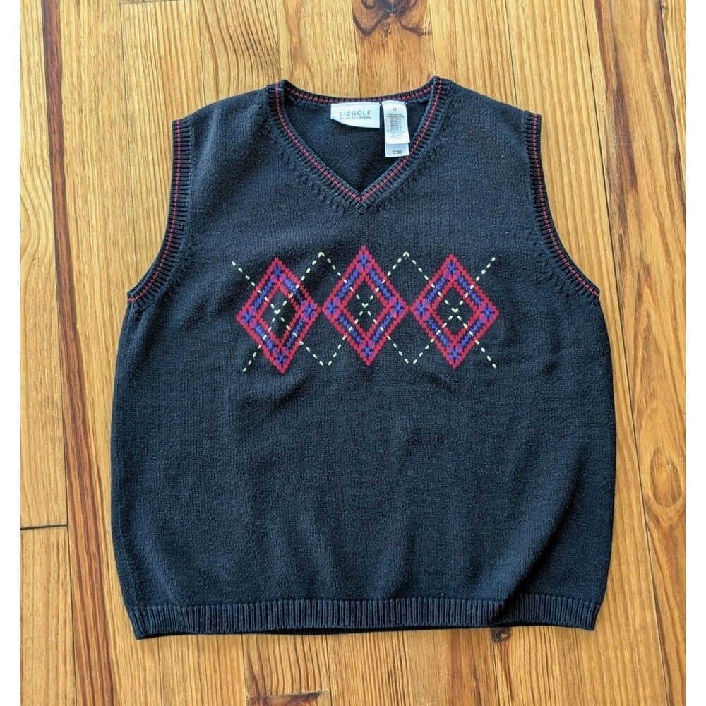 LizGolf Liz Claiborne Medium Cotton Argyle Golf Sweater Vest Knitted Embroidered